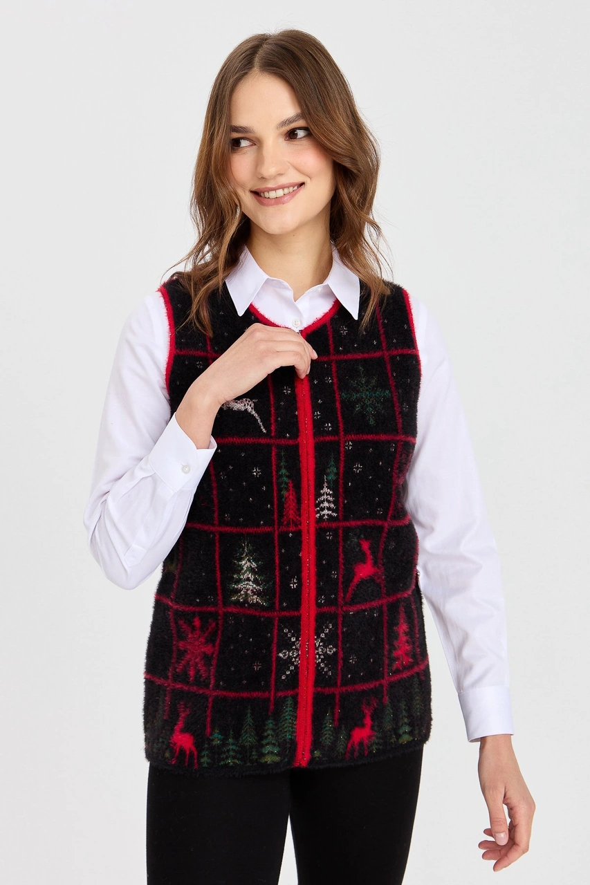 Desen Triko Kadın Sıfır Yaka Patchwork Yılbaşı Desenli Yelek Siyah Siyah