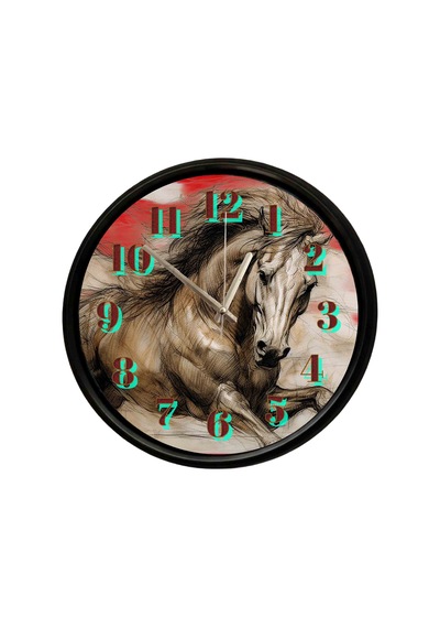 Sanatsal At Çizimi Temalı Duvar Saati 28 Cm Sessiz Mekanizma Modern Dekor Çok Renkli