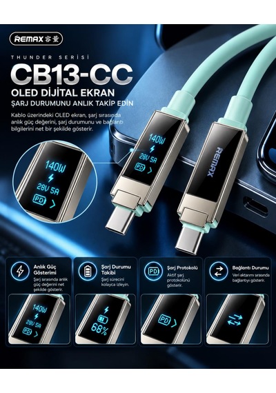 Remax Cb13-cc Thunder Serisi 140w Oled Ekranlı Bluetooth App Kontrollü Type-c Hızlı Şarj Ve Data Kablosu 1.2 Metre Mint Yeşili