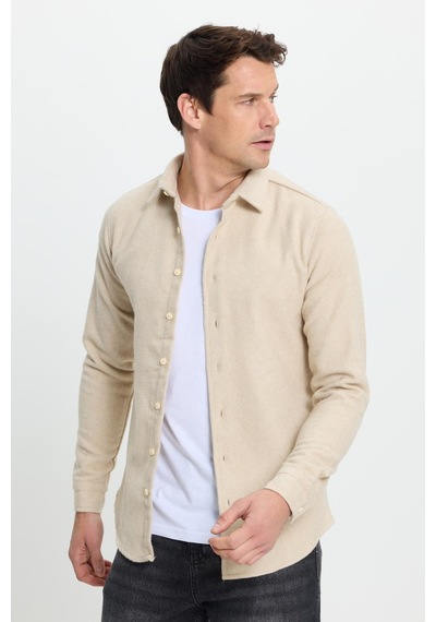 Tudors Erkek Slim Fit Dar Kesim Uzun Kollu Düz Kışlık Oduncu Bej Gömlek-41539