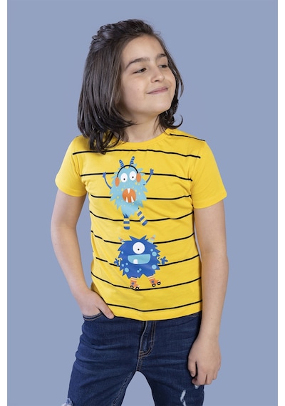 Toontoy Kids Toontoy Erkek Çocuk Çizgili Canavar Baskılı Tişört Sarı