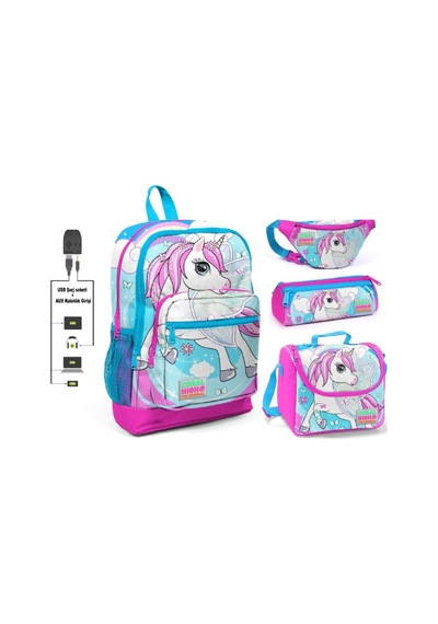Coral High Mavi Unicorn Baskılı 4'lü Kız Çocuk İlkokul Çanta Seti