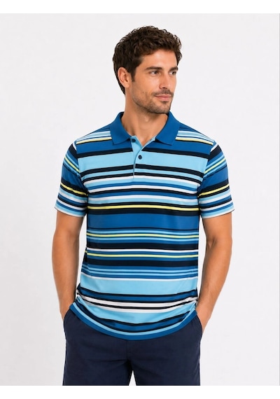 Novalisse Erkek Çizgili Polo Yaka Tişört Kısa Kol Yazlık T-shirt Regular Fit - Mavi Çoklu Renk