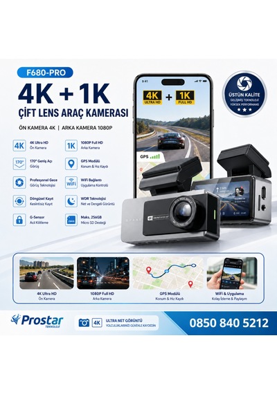F680-pro 4k Ultra Hd Çift Kameralı Araç Kamerası Dashcam - Wifi, Gps, 24 Saat Park Modu