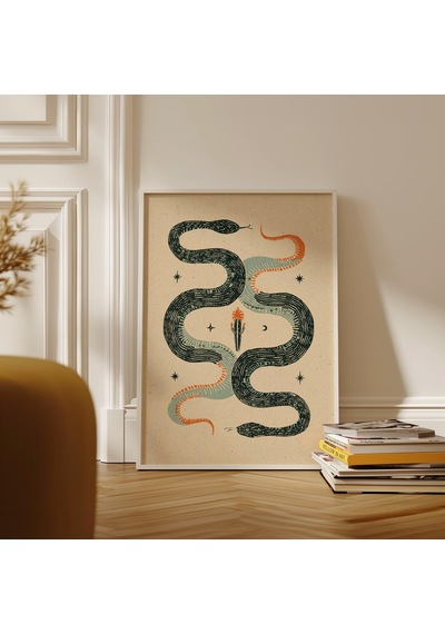 Yılan Linol Baskı Gizemli Yılan Duvar Sanatı Çöl Göksel Posteri Boho Ev Dekorasyonu