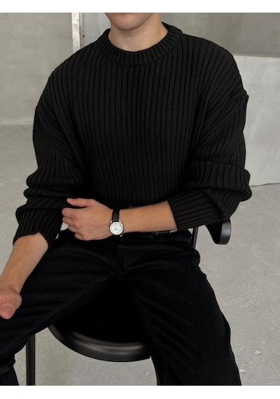 Erkek Fitilli Örme Oversize Kazak Siyah
