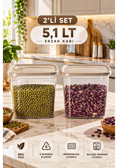 Porsima 0975 2'li Kare Erzak Saklama Kabı Seti 5,1 Lt Cafe Latte - Şeffaf Bakliyat, Deterjan & Mutfak Düzenleyici Kutu Kahverengi