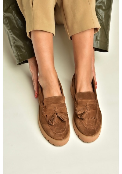 Fox Shoes Z944014461 Taba Süet Kalın Tabanlı Püsküllü Loafer Ayakkabı