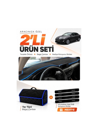 Ford Focus 4 2017-2021 Uyumlu Torpido Örtüsü + Tay Tüyü Bagaj Çantası + Sticker Seti - Siyah Mavi