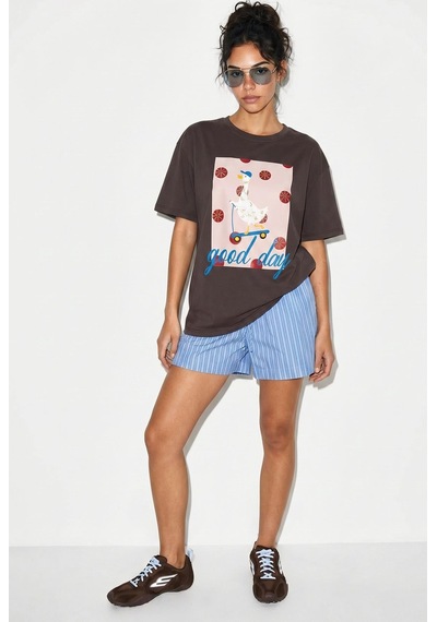 Shade Kadın Good Day Baskılı Nakış Detaylı Relaxed Fit T-shirt 7642 60286117 - Kahverengi