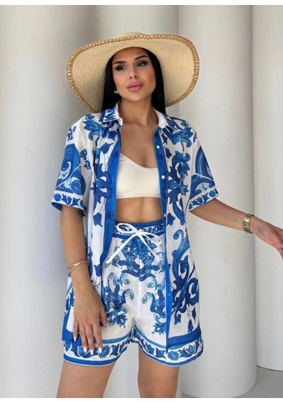Asprin Fashion Keten Kumaş Şortlu Takım Mavi