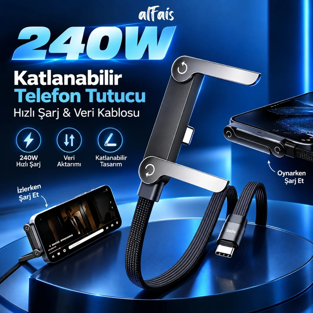 Usb Type C Şarj Data Kablosu Standlı Katlanabilir Hızlı Şarj 240w 2 Metre
