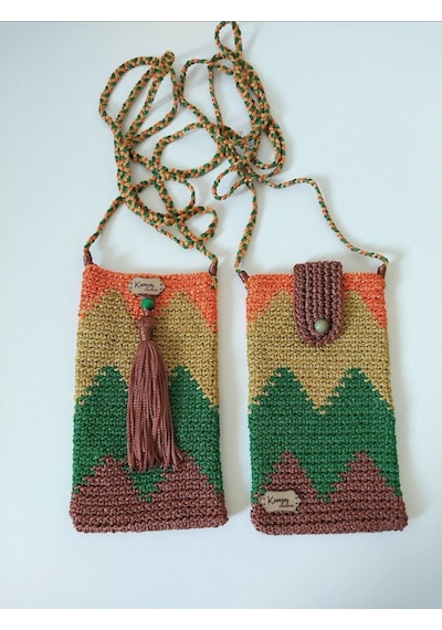 Kemzey Handmade Wayuu Telefon Çantası, El Yapımı Örgü Telefon Çantası Haki - Kahverengi