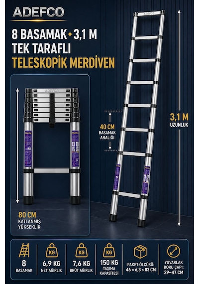 8 Basamak Paslanmaz Çelik Teleskopik Merdiven 3.1 Metre Katlanabilir Uzayan Merdiven -
