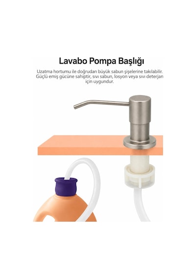 Valkyrie Mat Paslanmaz Ankastre Sıvı Sabunluk Pompası Tezgah Üstü Lavabo Sabunluk Başlığı Uzatma Hortumlu Gümüş