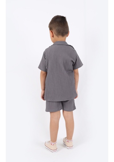 Aden Kids Erkek Çocuk Gömlek+sweatshirt Ve Cepli Şort Alt Üst Takım --ütü İstemez-- Gri