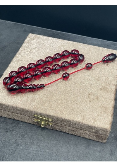 Efe Boy Sistemli İri Tane Koyu Vişne Ateş Kehribar Tesbih 13x15 Mm Bordo