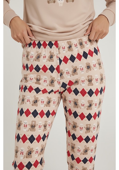 Luxury Thermal Bonjour Köpek Desenli Kadın Polar Kışlık Pijama Takımı 42042 Bej