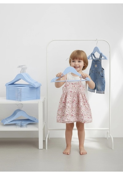 Mavi Ahşap Bebek Elbise Pantolon Askısı 10 Adet Mavi