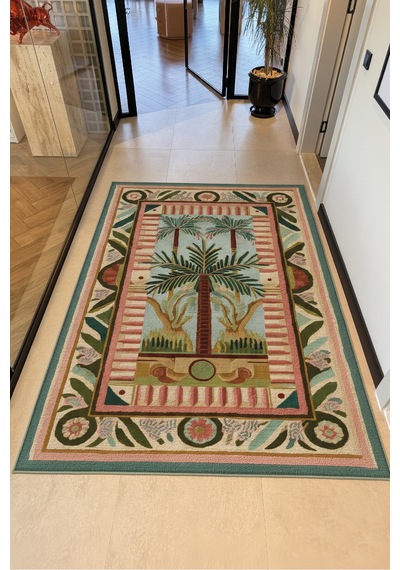 Palm 301 Pembe Yeşil Halı Palmiye Desenli Yıkanabilir Modern Salon Oturma Odası Mutfak Ev Oda Halısı Pembe Yeşil 1