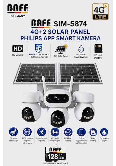SIM-5874 Çift Solar Panelli 4G SIM Kartlı 3 Lensli PTZ Akıllı Dış Mekan Güvenlik Kamerası HD IP Kamera + 128 GB Hafıza Kartı Dahil