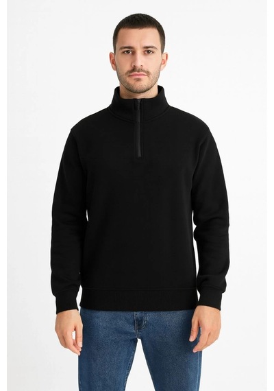 Erkek Dik Yaka Sweatshirt Dik Yaka Yarım Fermuarlı 3 İplik Pamuk Kumaş - Siyah