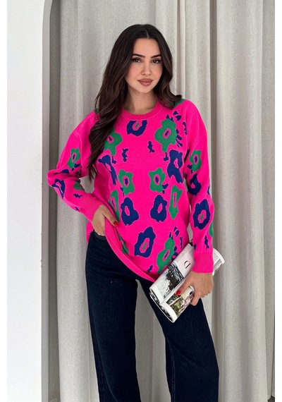 Bisiklet Yaka Uzun Kollu Çiçek Desenli Oversize Triko Kazak Pembe Pembe