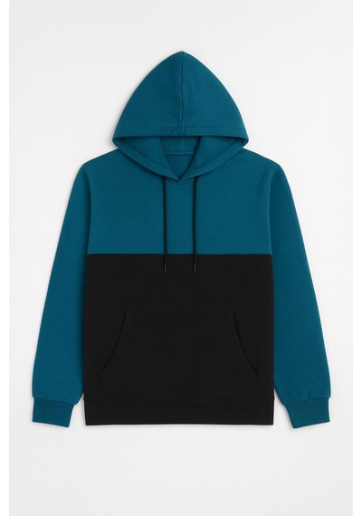 Markapia Erkek Kapüşonlu Cepli İçi Polarlı Parçalı Petrol Sweatshirt Mavi