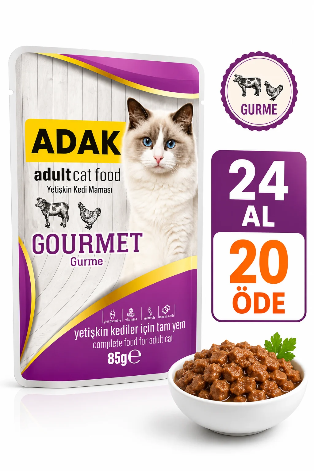 Adak Adult Gourmet Yetişkin Kedi Yaş Mama Pouch 85 Gr X 24 Adet 24 Al 20 Öde