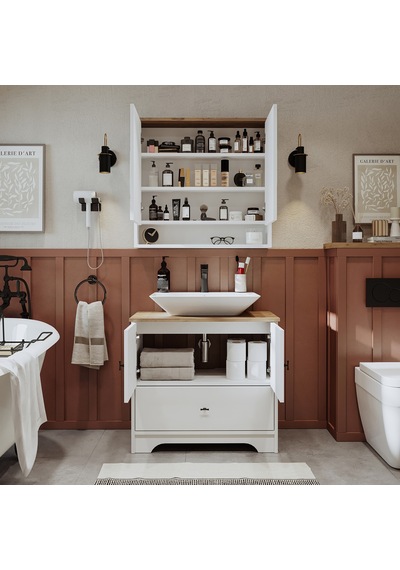 Lavabolu Mat Beyaz Mdf 80 Cm Çekmeceli Banyo Dlp + Aynalı Üst Dlp Beyaz - Atlantik Çam
