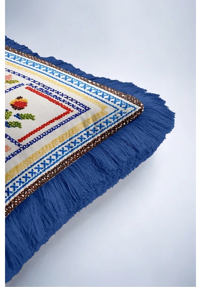 Çiçekli Etnik Motifli Saçaklı Yastık Kılıfı - Otantik Boho Mavi Lacivert Püsküllü Kırlent Kılıfı Sakin Düş Opal