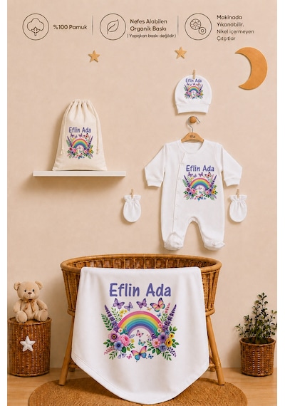 Pia Baby Kız Bebek Hastane Çıkışı İsme Özel Battaniye Tulum Seti %100 Pamuk Ham Bez Kıyafet Keseli Kız Bebek Hediyesi 1045btk3x Ekru