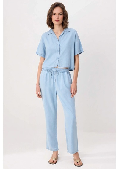 Benerly Kadın Büyük Beden Kısa Kollu Gömlek Yaka Denim Takım %100 Liyosel Mavi