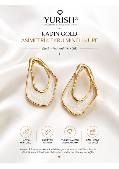 Kadın Gold Asimetrik Ekru Mineli Küpe