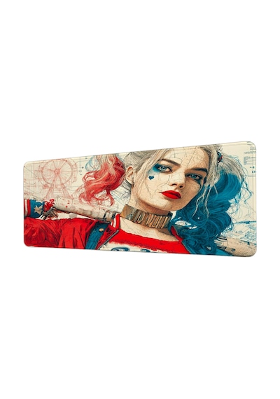 Harley Quinn Kırmızı Mavi Blueprint 40x90 Cm Oyuncu Mousepad Kaymaz Taban Büyük Boy Mousepad Siyah