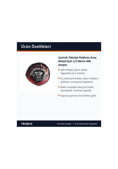 Trobus Çantalı Takviye Kablosu Araç Aküsü İçin 2,3 Metre 400 Amper