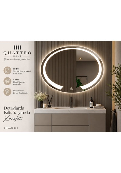 Kesik Oval Işıklı Banyo Aynası 70 50 100-80 Çap Açık Gri