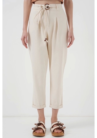 Defymoda 6660 Kemerli Keten Pantolon - Krem Krem
