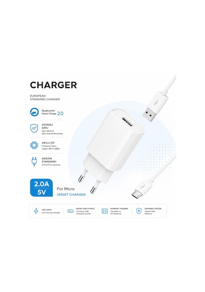 M-03 Smart Charger 5v 2a Şarj Aleti Usb Girişli Adaptör Mikro Usb Şarj Kablosu