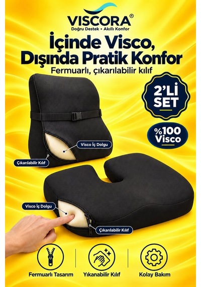 Araba Ve Ofis Koltuğu Sırt Ve Kuyruk Sokumu Minderi 2 Li Set Ergonomik Visco, Kaymaz Taban Siyah