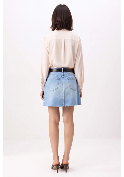 Benerly Kadın Mini Denim Etek A-line Kesim Yüksek Bel Fermuarlı Cepli Rah Açık Mavi