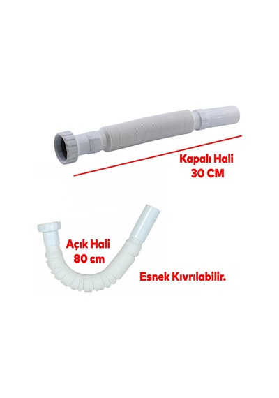 Elallar Körüklü Lavabo Banyo Taşı Sifon Gider Borusu Akordiyon Plastik Koku Giderici Savar 80 Cm