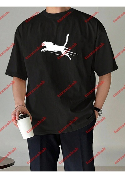 Tarzsokak Unisex Jaguar Baskılı Tshirt Beyaz Siyah
