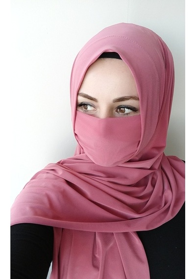 Kadın Maskeli Geçmeli Hazır Şal Gülkurusu Gül Kurusu