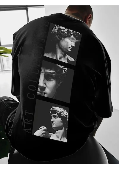 Barlashive Erkek T-shirt Sokak Stili Baskılı Kısa Kol Tişört - Siyah Çok Renkli