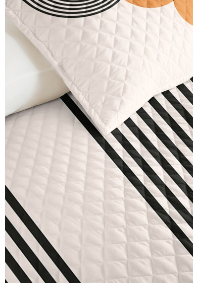 Geometrik Modern Turuncu Genç Odası Tek Kişilik Pike Takımı - Siyah 160x220 Cm Kapitone Yatak Örtüsü Keten Eşik Örtüsü