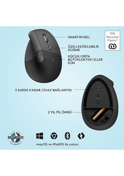 Lift Kablosuz Ergonomik Dikey Mouse, 57 Dikey Açı, 4000 Dpı, Sessiz, Küçük Ve Orta Eller İçin, Bluetooth, Logi Bolt Usb Alıcı, 24 Ay Pil Ömrü, Siyah