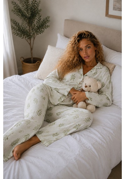 Kadın Örme Gömlek Yaka Çağla Yeşili Pijama Takımı