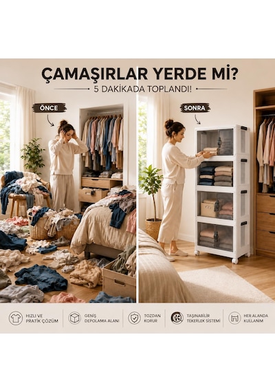 Piev Emayhome Çok Amaçlı Kilitli Kapaklı 4 Katlı İstiflenebilir Tekerlekli Organizer Dolap, Katlanabilir Plastik D Diğer