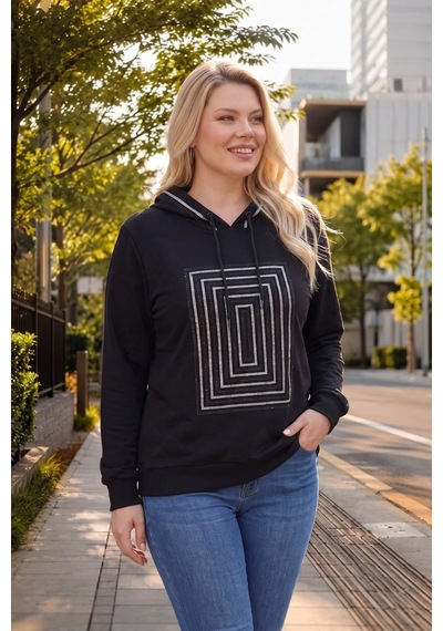 Aytemas Önü Ve Kapüşonu Taşlı Sweatshirt Siyah